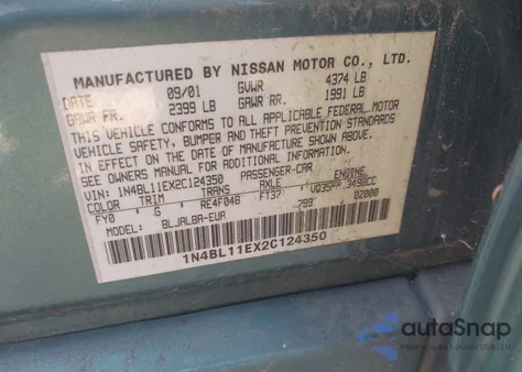 2002 Nissan Altima 3.5 Se z USA, uszkodzony, nr VIN 1N4BL11EX2C124350